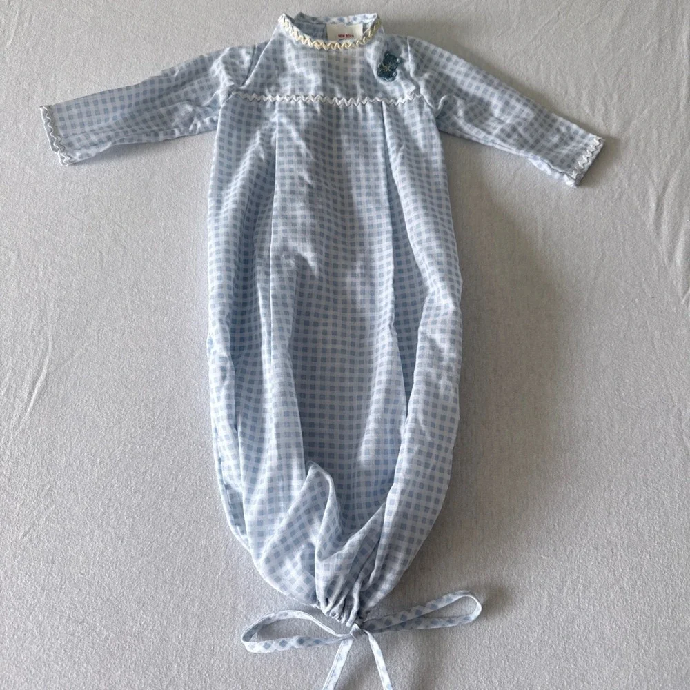 Shirey Baby Sleep Gown Newborn Blue Gingham Teddy Bear Vintage Made in USA